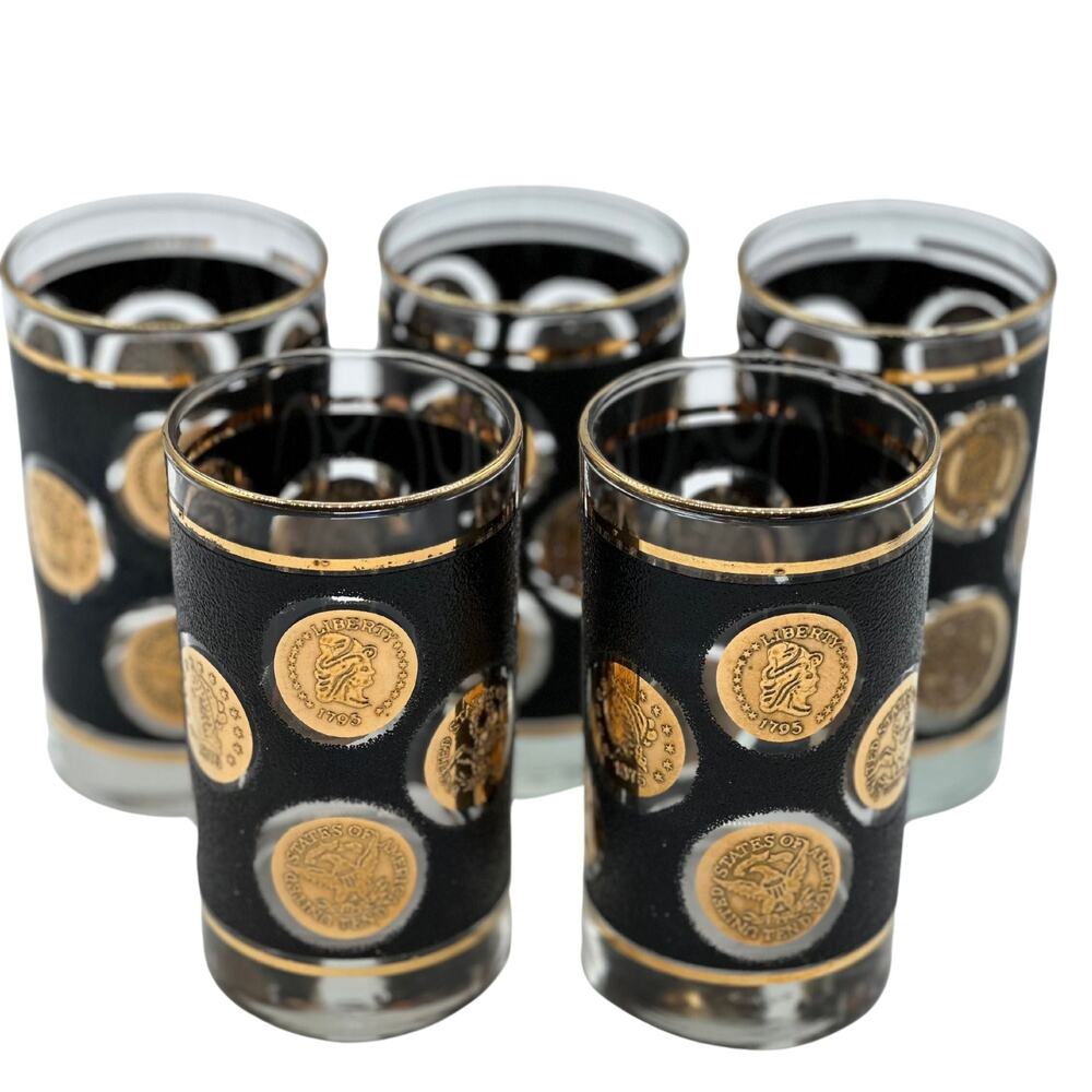 Vintage MCM Libbey Gold Coin Highball Glasses, Set of 5